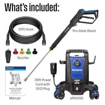 Westinghouse ePX3100 Electric Pressure Washer, 2300 Max PSI 1.76 Max GPM with Anti-Tipping Technology, Onboard Soap Tank, Pro-Style Steel Wand, 5-Nozzle Set, for Cars/Fences/Driveways/Home/Patios