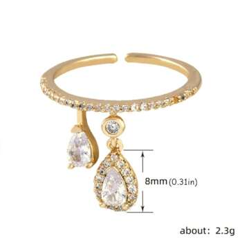 Dainty CZ Teardrop Wedding Engagement Ring for Women Statement Charm Drop Promise Expandable Adjustable Open Wrap Rings Shiny Comfort Fit Gothic Fashion Wedding Christmas Valentine Jewelry Gift (Gold)