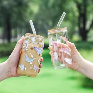 1 Pack Glass Cups with Bamboo Lids and Straws 16 oz, Gifts for Women, Can Shaped Drinking glasses set, Iced Coffee Cup, Tea Cup, Cute Aesthetics Tumbler Cup, Mothers Day, Birthday Gifts for Her Mom