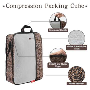 U+U 4 Set Compression Packing Cubes - Ultralight Travel Organizers with Laundry Bag, Space-Saving Suitcase Organizer, Expandable Packing Cubes for Travel, Business Trip and Family Vacation (Leopard)