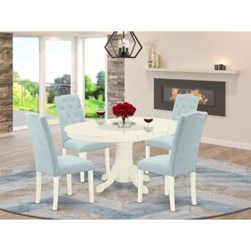 East West Furniture AVCE5-LWH-15 5 Piece Dining Table Set Includes an Oval Dining Room Table with Butterfly Leaf and 4 Baby Blue Linen Fabric Parsons Chairs, 42x60 Inch, Linen White