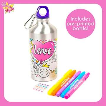 Just My Style Color Your Own Water Bottle, Includes Markers & Gemstones, Personalized Craft Kit for Kids, DIY Decorating, Gift for Girls