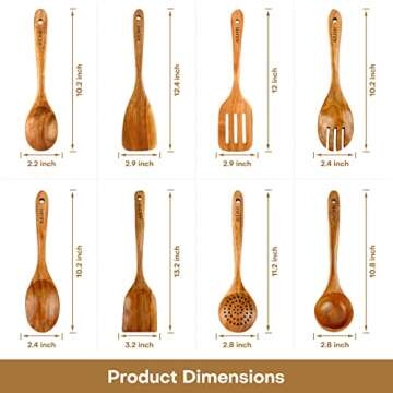 Wood Spoons for Cooking,Nonstick Kitchen Utensil Set,Wooden Spoons Cooking Utensil Set Non Scratch Natural Teak Wooden Utensils for Cooking(Teak 8 Pack)