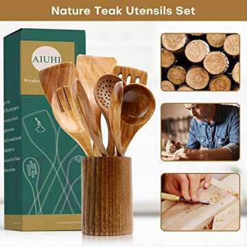 Wood Spoons for Cooking,Nonstick Kitchen Utensil Set,Wooden Spoons Cooking Utensil Set Non Scratch Natural Teak Wooden Utensils for Cooking(Teak 8 Pack)