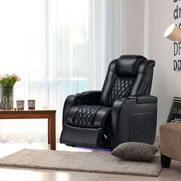 Weilianda Home Theater Seating Top Grain Leather Recliner Chair Dual Power Movie Gaming Sofa Electric Headrest with Tray Table Type-C USB Charge Cup Holders Black