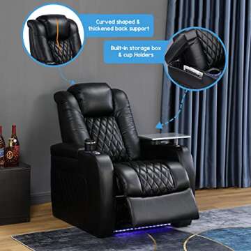 Weilianda Home Theater Seating Top Grain Leather Recliner Chair Dual Power Movie Gaming Sofa Electric Headrest with Tray Table Type-C USB Charge Cup Holders Black