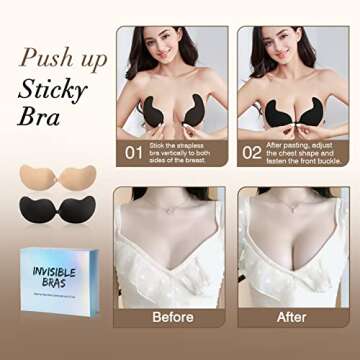 Sticky Bra Backless Adhesive Strapless Invisible Push Up Stick on Bras for Women Dresses 2 Pair Reusable Nipple Cover