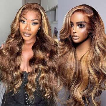 Maxine 28 Inch 13x4 Ombre Highlight Lace Front Wig Human Hair Colored 4/27 Body Wave Brazilian Highlight Ombre Human Hair Wigs for Black Women Lace Frontal Wigs 180 Density Pre Plucked 10A