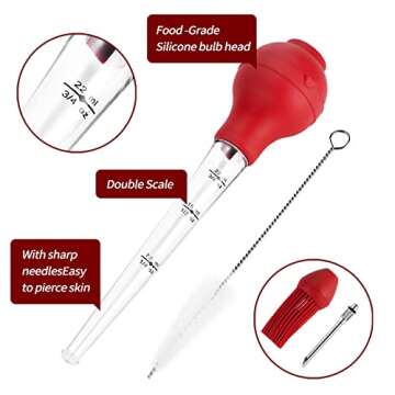 DIMESHY Turkey Baster Food Grade for Cooking & Basting, Detachable Round Bulb, Baster Cooking Good for Meat Poultry Beef Chicken, with Cleaning brush, inject needle, Basting brush(red)