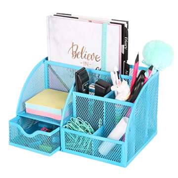 Exerz Desk Organizer Blue Office Desk Accessories Supplies Office Storage Desktop Pencil Pen Holder with Drawer Home Workspace