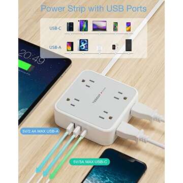 Surge Protector Flat Extension Cord Flat Plug Power Strip, 8 AC Outlets, 3 USB Charger(1 USB C Port) 3-Sided Outlet Extender, 5 Ft, 900 Joules Protection, Office Supplies, Dorm Room Essentials, Grey