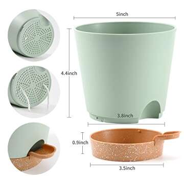 Qaobo Plant Pots 6 PCS 5 inch Self Watering Planters High Drainage Flowers Pot for Indoor Outdoor Plants with Reservoir Tray and Watering Lip Gardening Planter Garden Flower Pots, Green