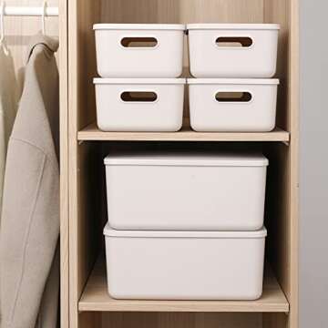 Yishyfier Plastic Storage Baskets With Lid Organizing Container Lidded Knit Storage Organizer Bins for Shelves Drawers Desktop Closet Playroom Classroom Office (M+2S, Light grey)