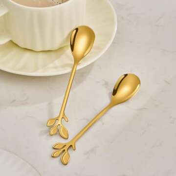 AnSaw Elegant Gold Leaf Coffee Spoons - 10-Piece, 4.7" Mini Stainless Steel Espresso & Dessert Tea Spoons, Perfect for Demitasse & Small Servings