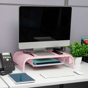 Mind Reader Monitor Stand, Ventilated Laptop Riser, Paper Tray, Storage, Office, Metal Mesh, 20"L x 11.5"W x 5.5"H, Pink