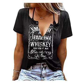 Smooth As Tennessee Whiskey Sweet As Strawberry Wine Shirt Womens Sexy V-Neck T Shirts Country Music Short Sleeve Tees(Black,S)