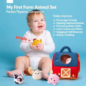 hahaland Baby Toys 6-12 Months - Surprise Barn with Stuffed Farm Animals, Rattle, Crinkle Paper, Mirror - Busy Montessori Toys for Babies, Sensory Toys for Toddlers 1-3 - Infant Valentines Baby Gifts