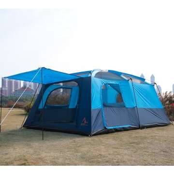 KTT Extra Large Tent 12-14 Person,Family Cabin Tents,2 Rooms,3 Doors and 3 Windows with Mesh,Straight Wall,Waterproof,Double Layer,Big Tent for Outdoor,Picnic,Camping,Family Gathering(Blue)