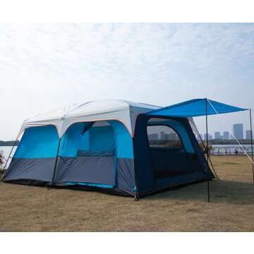 KTT Extra Large Tent 12-14 Person,Family Cabin Tents,2 Rooms,3 Doors and 3 Windows with Mesh,Straight Wall,Waterproof,Double Layer,Big Tent for Outdoor,Picnic,Camping,Family Gathering(Blue)