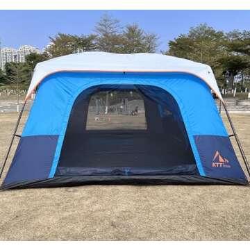 KTT Extra Large Tent 12-14 Person,Family Cabin Tents,2 Rooms,3 Doors and 3 Windows with Mesh,Straight Wall,Waterproof,Double Layer,Big Tent for Outdoor,Picnic,Camping,Family Gathering(Blue)