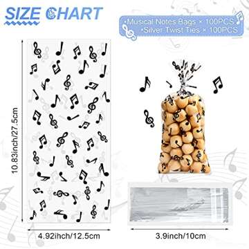 Kosiz 100 Pieces Music Notes Cellophane Goodie Bags Musical Theme Treat Plastic Musical Party Candy Bags with Silver Twist Ties for Band Birthday Party Favor Supplies Dessert Pastry Decoration