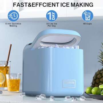 Ice Makers Countertop, 9 Cubes Ready in 6 Mins, High Capacity 33lbs/Day, One-Click Operation, Self-Cleaning Countertop Ice Machine with Ice Scoop/Ice Basket for Home/Kitchen/Office (Blue)