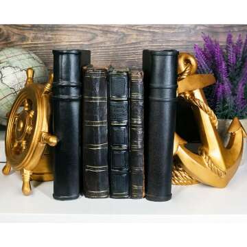 Ebros Nautical Coastal Marine Home Decor Ship Anchor and Captain's Helm Wheel Bookends Pair Set Statue 7.5" Tall in Gold Finish Decorative Office Study-Room Library Desktop Figurines