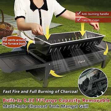 Baisal Portable Charcoal Grills for Outdoor BBQ, Foldable Camping Barbecue Hibachi Kabob Grill, 1.6 Ft² Barbeque Area Binchotan Grill with Shelf Carbon Tank and Carry Bag for Backyard Picnic Home