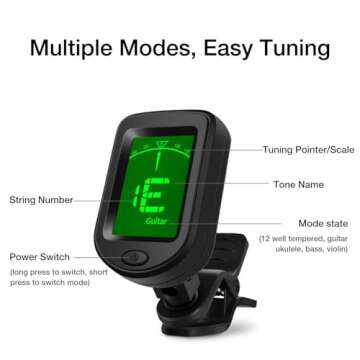 Guitar Tuner Clip On For Acoustic/Electric Guitar - Accessories Guitar Tuner | Clip On Tuner For Guitar | Multi-Function Ukulele, Violin, Bass, Banjo And Chromatic Tuning Modes | Electric Guitar Tuner