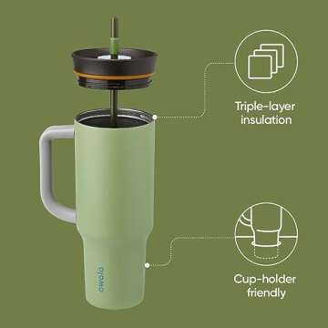 Owala Stainless Steel Triple Layer Insulated Travel Tumbler with Spill Resistant Lid, Straw, and Carry Handle, BPA Free, 40 oz, Green (Brave Adventures)