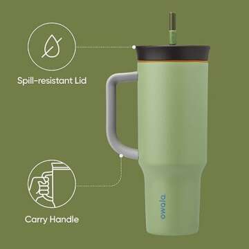 Owala Stainless Steel Triple Layer Insulated Travel Tumbler with Spill Resistant Lid, Straw, and Carry Handle, BPA Free, 40 oz, Green (Brave Adventures)