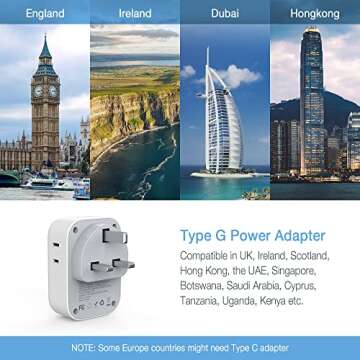 2 Pack US to UK Plug Adapter, TESSAN Ireland Scotland Type G Power Adaptor, 4 American Outlets 3 USB, Travel Converter for USA to England London British Hong Kong Irish Kenya Dubai Qatar