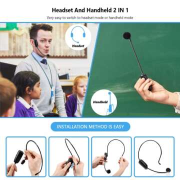 Wireless Microphone Headset, UHF Wireless Headset Mic System, 160 ft Range, Headset Mic And Handheld Mic 2 In 1, 1/8''&1/4'' Plug, For Speakers, Voice Amplifier, Pa System(Incompatible Phone, Laptop)