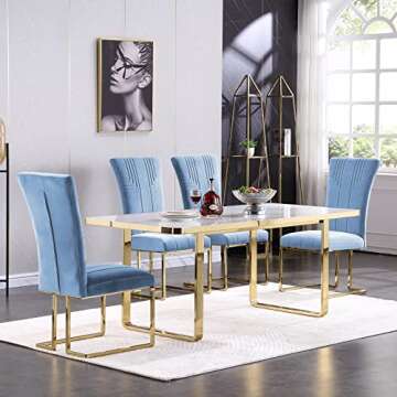 AZhome Modern Dining Chairs, Sky Blue Velvet Upholstered Dining Chairs with Geometric Texture Design Back and Mirror Gold Sled Base, Contemporary Dining Chair for Dining Room Kitchen (Set of 2)