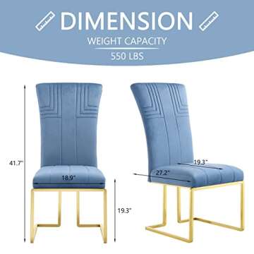 AZhome Modern Dining Chairs, Sky Blue Velvet Upholstered Dining Chairs with Geometric Texture Design Back and Mirror Gold Sled Base, Contemporary Dining Chair for Dining Room Kitchen (Set of 2)