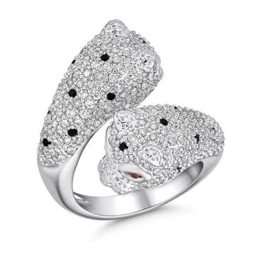 Bling Jewelry Red Eye Black White Cubic Zirconia CZ Fashion Leopard Panther Cat Statement Bypass Ring for Women Silver Plated Brass