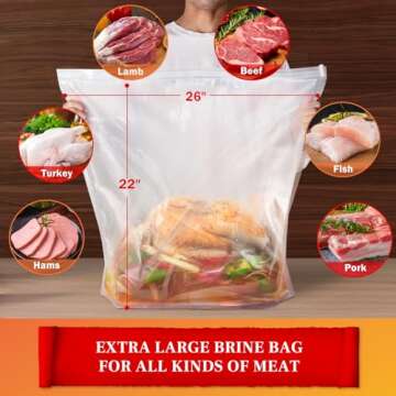 Turkey Brine Bag, 26"×22", 2 Pack, Brining Bags for Turkey with Double Zip-lock & 2 Cotton Strings, Thick Brining Bag Holds up to 30lbs, Extra Large Brine Bag kit for Turkey, Chicken, Ham,Beef,Brisket