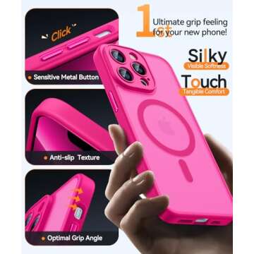 CANSHN Magnetic Compatible with iPhone 13 Pro Max Case, Upgraded [Full Camera Protection] [Compatible with Magsafe] [Translucent Matte] Shockproof Protective Phone Case Cover 6.7 Inch - Hot Pink