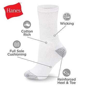 Hanes Womens Value Pack, Crew Soft Moisture-wicking Socks, Available 10 And 14-packs Fashion-liner-socks, White - 10 Pack, 5-9 US