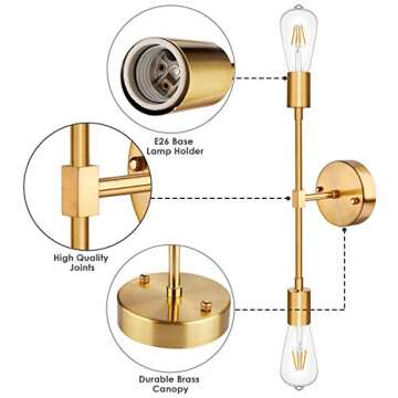 SunRider 2-Light Vanity Light Fixtures, Gold Bathroom Wall Sconce Mid Century Modern Wall Mounted Lamp Brushed Golden Sconce Indoor Vintage Wall Light