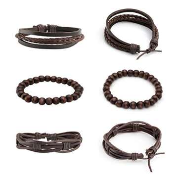 MILAKOO 10 Pcs Braided Leather Bracelet for Men Women Wooden Beaded Bracelets Wrap Adjustable