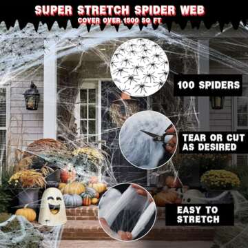 Nenrsl 1500 sqft Halloween Spider Webs Decorations with 100 Fake Spiders & 2Pcs 72 * 30 Inch Black Creepy Cloth,Super Realistic Spider Web for Halloween Decor Indoor,Outdoor,Party