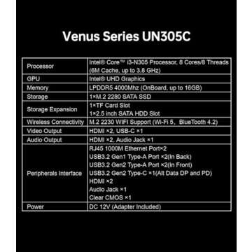 MINISFORUM UN305C Mini PC 16GB LPDDR5 512GB SSD with Intel Core i3-N305,8 Cores/8 Threads,1 x TF Card Slot & 2.5 inch SATA HDD,2 x HDMI/USB-C /4 x USB3.2 Type-A/2 x 1000M LAN/DC 12V Micro PC (Renewed)