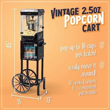 Nostalgia Popcorn Maker Machine - Professional Cart With 2.5 Oz Kettle Makes Up to 10 Cups - Vintage Popcorn Machine Movie Theater Style - Black