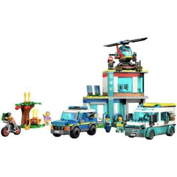 LEGO 60371 City Emergency Vehicle Headquarters Building Set with Toy Helicopter, Ambulance, Toy Motorbike and Police Car, Gift Idea for Children Over 6 Years Old