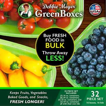 Debbie Meyer GreenBoxes 32 Piece Set – Keeps Fruits, Vegetables, Baked Goods and Snacks Fresh Longer, Reusable, BPA Free, Microwave and Dishwasher Safe, Made in USA