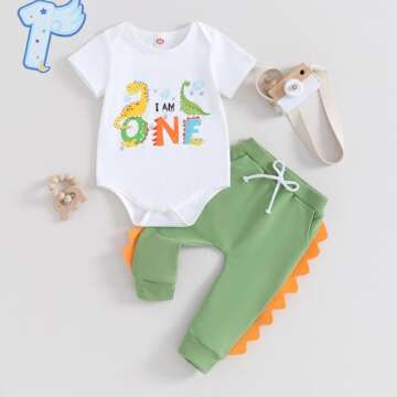 First Birthday Boy Outfit One Years Old Dinosaur Clothes Baby Boys 1st Birthday Outfits (I am One, 12-18 Months)