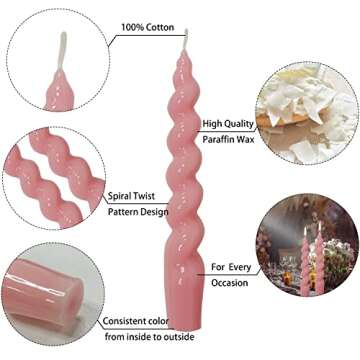 Spiral Taper Candles Stick Pink Twisted Candles H 7.5inch Wax Unscented Pink Dinner Candle Dripless for Home Decor, Relaxation & All Occasions(Pink)