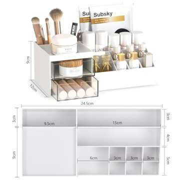 Subsky Makeup Organizer with Drawers, Easy Storage for Beauty Products Brushes, Multifunction Plastic Desk Organizer, Cosmetics Organizer for Countertop Dresser Vanity and Bathroom (White)