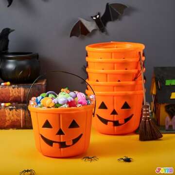 JOYIN 6PCS Halloween Trick or Treat Pumpkin Bucket, Jack O Lantern Candy Basket and Buckets for Trick or Treating, Orange Halloween Pails with Handle for Kids Halloween Party Favors Supplies Props